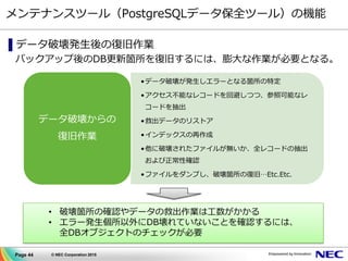 Page 44 © NEC Corporation 2015
メンテナンスツール（PostgreSQLデータ保全ツール）の機能
▌データ破壊発生後の復旧作業
バックアップ後のDB更新箇所を復旧するには、膨大な作業が必要となる。
• 破壊箇所の確認やデータの救出作業は工数がかかる
• エラー発生個所以外にDB壊れていないことを確認するには、
全DBオブジェクトのチェックが必要
•データ破壊が発生しエラーとなる箇所の特定
•アクセス不能なレコードを回避しつつ、参照可能なレ
コードを抽出
•救出データのリストア
•インデックスの再作成
•他に破壊されたファイルが無いか、全レコードの抽出
および正常性確認
•ファイルをダンプし、破壊箇所の復旧…Etc.Etc.
データ破壊からの
復旧作業
 