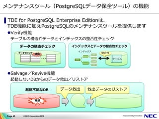 Page 45 © NEC Corporation 2015
▌TDE for PostgreSQL Enterprise Editionは、
TDE機能に加えPostgreSQLのメンテナンスツールを提供します
Verify機能
テーブルの構造やデータとインデックスの整合性チェック
Salvage／Revive機能
起動しないDBからのデータ救出／リストア
メンテナンスツール（PostgreSQLデータ保全ツール）の機能
root
branch
leaf
leaf
branch
Leaf
leaf
インデックスとデータの整合性チェック
テーブル
データの構造チェック
データブロック
破損
…
起動不能なDB
破損
データ救出 救出データのリストア
整合性
インデックス
 