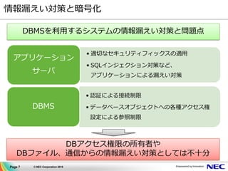 Page 7 © NEC Corporation 2015
情報漏えい対策と暗号化
DBアクセス権限の所有者や
DBファイル、通信からの情報漏えい対策としては不十分
• 適切なセキュリティフィックスの適用
• SQLインジェクション対策など、
アプリケーションによる漏えい対策
アプリケーション
サーバ
• 認証による接続制限
• データベースオブジェクトへの各種アクセス権
設定による参照制限
DBMS
DBMSを利用するシステムの情報漏えい対策と問題点
 