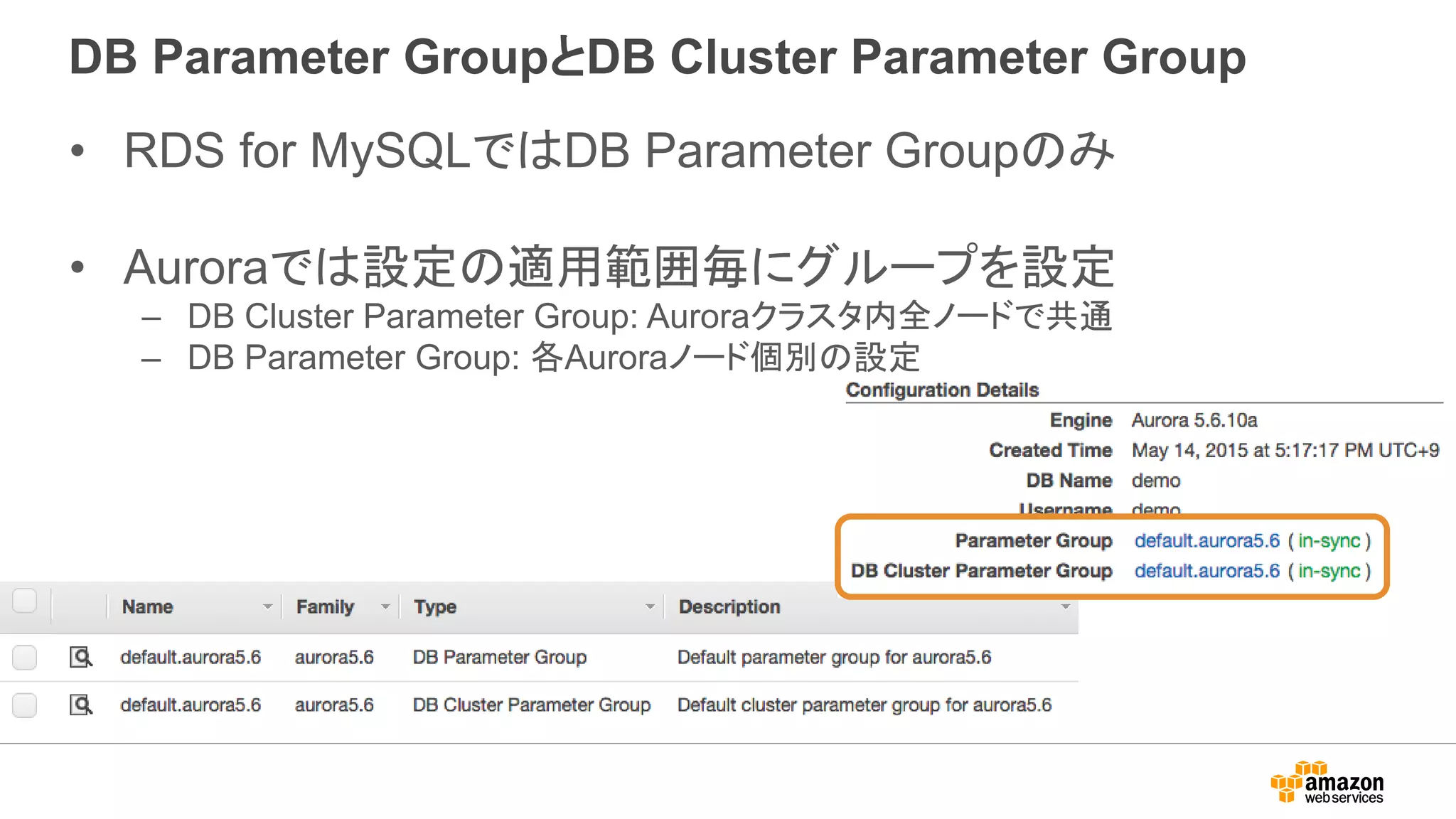 DB Parameter GroupとDB Cluster Parameter Group
• RDS for MySQLではDB Parameter Groupのみ
• Auroraでは設定の適用範囲毎にグループを設定
– DB Cluster Parameter Group: Auroraクラスタ内全ノードで共通
– DB Parameter Group: 各Auroraノード個別の設定
 