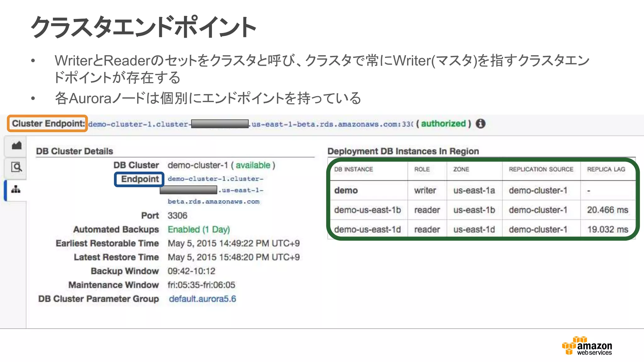 クラスタエンドポイント
• WriterとReaderのセットをクラスタと呼び、クラスタで常にWriter(マスタ)を指すクラスタエン
ドポイントが存在する
• 各Auroraノードは個別にエンドポイントを持っている
 
