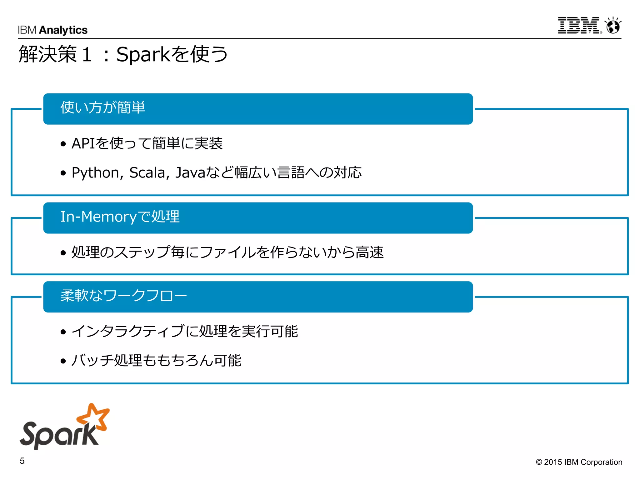 © 2015 IBM Corporation5
解決策１：Sparkを使う
• APIを使って簡単に実装
• Python, Scala, Javaなど幅広い言語への対応
使い方が簡単
• 処理のステップ毎にファイルを作らないから高速
In-Memoryで処理
• インタラクティブに処理を実行可能
• バッチ処理ももちろん可能
柔軟なワークフロー
 
