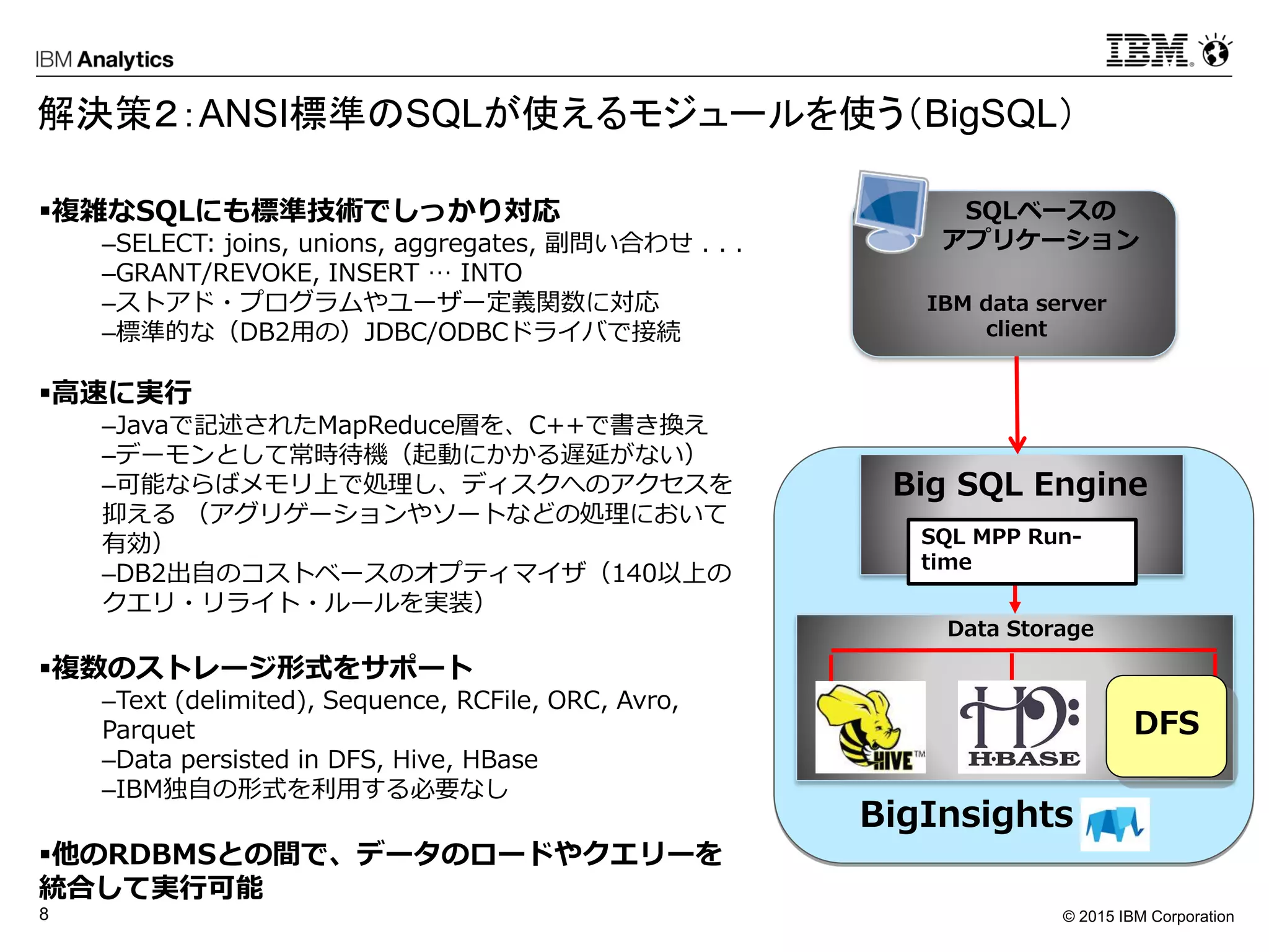 © 2015 IBM Corporation8
解決策２：ANSI標準のSQLが使えるモジュールを使う（BigSQL）
SQLベースの
アプリケーション
Big SQL Engine
Data Storage
IBM data server
client
SQL MPP Run-
time
DFS
複雑なSQLにも標準技術でしっかり対応
–SELECT: joins, unions, aggregates, 副問い合わせ . . .
–GRANT/REVOKE, INSERT … INTO
–ストアド・プログラムやユーザー定義関数に対応
–標準的な（DB2用の）JDBC/ODBCドライバで接続
高速に実行
–Javaで記述されたMapReduce層を、C++で書き換え
–デーモンとして常時待機（起動にかかる遅延がない）
–可能ならばメモリ上で処理し、ディスクへのアクセスを
抑える （アグリゲーションやソートなどの処理において
有効）
–DB2出自のコストベースのオプティマイザ（140以上の
クエリ・リライト・ルールを実装）
複数のストレージ形式をサポート
–Text (delimited), Sequence, RCFile, ORC, Avro,
Parquet
–Data persisted in DFS, Hive, HBase
–IBM独自の形式を利用する必要なし
他のRDBMSとの間で、データのロードやクエリーを
統合して実行可能
BigInsights
 