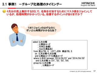 © Hitachi, Ltd. 2015. All rights reserved.
3.1 事例1 －グループ化処理のタイミングー
17
4月分の売上集計するSQLで、名称を付加するためにマスタ表をジョインして
いるが、処理時間がかかっている。改善するポイントがありますか？
１対１ジョインのはずなのに
ずいぶん時間がかかるなあ？
select U.大分類
, U.商品コード
, SUM(U.金額)
, max(S.商品名)
from 売上TBL U LEFT JOIN 商品TBL S
on U.大分類=S.大分類
and U.商品コード=S.商品コード
where U.日付 between '2014/04/01' and '2014/04/30'
and U.大分類 in ('01', '02', '03', '04)
group by U.大分類
, U.商品コード
;
 