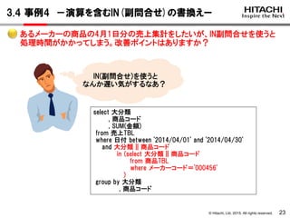 © Hitachi, Ltd. 2015. All rights reserved.
3.4 事例4 －演算を含むIN(副問合せ)の書換えー
23
select 大分類
, 商品コード
, SUM(金額)
from 売上TBL
where 日付 between '2014/04/01' and '2014/04/30'
and 大分類 || 商品コード
in (select 大分類 || 商品コード
from 商品TBL
where メーカーコード＝'000456'
)
group by 大分類
, 商品コード
IN(副問合せ)を使うと
なんか遅い気がするなあ？
あるメーカーの商品の4月1日分の売上集計をしたいが、IN副問合せを使うと
処理時間がかかってしまう。改善ポイントはありますか？
 