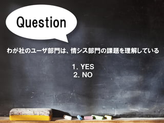 Question
わが社のユーザ部門は、情シス部門の課題を理解している
１．ＹＥＳ
２．ＮＯ
 