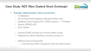 © 2 0 1 5 D b v i s i t
S o f t w a r e L i m i t e d |
d b v i s i t . c o m
• Example implementation: Core environment
– 5 databases
– All running Oracle Database Standard Edition One
– Database sizes ranging from 15GB to approx. ~1 Terabyte
– Solaris (SPARC) OS
– 24x7 system
– Original DR/BC provide by in-house written scripts
– Replaced by Dbvisit Standby (currently running v7)
– Effective Cost of Ownership
• Cost Saving of 80% compared to EE with Data Guard !
Case Study: NZX (New Zealand Stock Exchange)
 