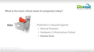 © 2 0 1 5 D b v i s i t
S o f t w a r e L i m i t e d |
d b v i s i t . c o m
What is the most critical asset of companies today?
Protection is required against:
• Natural Disasters
• Hardware / Infrastructure Failure
• Human Error
Data
 