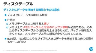© Copyright 2015 Hewlett-Packard Development Company, L.P. The information contained herein is subject to change without notice.22
ディスクテーブル
ディスクにデータを格納する機能とその注意点
 ディスクにデータを格納する機能
 注意点
 メモリテーブルと⽐較すると遅い
 メモリ上にメモリテーブルとは別のバッファ領域が必要である。その
ためディスクテーブルの性能を向上させるために、バッファ領域を⼤
きくすると、メモリテーブル⽤の領域が少なくなってしまう。
 BLOB型、TEXT型のようなサイズの⼤きなデータを格納するために使⽤す
るケースが多い
 