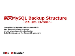 楽天MySQL Backup Structure
~ 過去、現在、そして未来へ~
Keisuke.Awata (keisuke.awata@rakuten.com)
Data Store Administration Group
Infrastructure Administration Section
Global Infrastructure Development Department
 