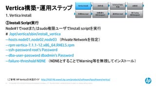 © Copyright 2014 Hewlett-Packard Development Company, L.P. The information contained herein is subject to change without notice.21
1. Vertica Install
Vertica構築・運用ステップ
③Install Script実行
Node#1でrootまたはsudo権限ユーザでInstall scriptを実行
# /opt/vertica/sbin/install_vertica
--hosts node01,node02,node03 （Private Networkを指定）
--rpm vertica-7.1.1-12.x86_64.RHEL5.rpm
--ssh-password root’s Password
--dba-user-password dbadmin’s Password
--failure-threshold NONE （NONEとすることでWarning等を無視してインストール）
（ご参考）HP Vertica日本語ガイド http://h50146.www5.hp.com/products/software/hpsoftware/vertica/
Vertica Install DB作成
Schema/Table
作成
LB設定
初期Data load
DB最適化
(DB Designer)
DB Tuning
(DB Designer)
追加Data load
 