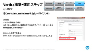 © Copyright 2014 Hewlett-Packard Development Company, L.P. The information contained herein is subject to change without notice.41
4. LB設定
Vertica構築・運用ステップ
③ConnectionLoadBalance有効化（クライアント）
実行例
JDBCから接続する場合
コネクション接続時に、接続文字列に以下のパラメータをセットする
ConnectionLoadBalance=1
ODBCから接続する場合
ODBC DSNにて「Use connection load balancing」にチェックを入れる
Vertica Install DB作成
Schema/Table
作成
LB設定
初期Data load
DB最適化
(DB Designer)
DB Tuning
(DB Designer)
追加Data load
 