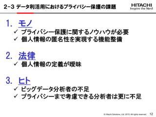 © Hitachi Solutions, Ltd. 2015. All rights reserved. 12
２-３ データ利活用におけるプライバシー保護の課題
1. モノ
 プライバシー保護に関するノウハウが必要
 個人情報の匿名性を実現する機能整備
2. 法律
 個人情報の定義が曖昧
3. ヒト
 ビッグデータ分析者の不足
 プライバシーまで考慮できる分析者は更に不足
 