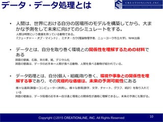 Copyright ⓒ2015 CREATIONLINE, INC. All Rights Reserved
データ・データ処理とは
• 人間は、世界における自分の居場所のモデルを構築してから、大ま
かな予測をして未来に向けてのシミュレートをする。
人間は時間という意識を持っている動物である。
『フューチャー・オブ・マインド』、ミチオ・カク(理論物理学者、ニューヨーク市立大学)、NHK出版
• データとは、自分を取り巻く環境との関係性を理解するための材料で
ある
洞窟の壁画、石版、羊の革、紙、デジタル化
洞窟の壁画は、データのお手本…人間が食べる動物、人間を食べる動物が絵かれている。
• データ処理とは、自分(個人・組織)取り巻く、環境や事象との関係性を理
解する事であり、その究極的な価値は、未来の予測可能性にある
様々な道具(算盤…コンピューター)利用し、様々な表現(数字、文字、チャート、グラフ、統計）を取り入れて
いる
洞窟の壁画は、データ処理のお手本…自分達と環境との関係性が適格に理解できるし、未来の予測にも繋がる。
10
 