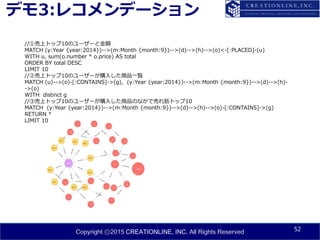 Copyright ⓒ2015 CREATIONLINE, INC. All Rights Reserved
デモ3:レコメンデーション
52
//①売上トップ10のユーザーと金額
MATCH (y:Year {year:2014})-->(m:Month {month:9})-->(d)-->(h)-->(o)<-[:PLACED]-(u)
WITH u, sum(o.number * o.price) AS total
ORDER BY total DESC
LIMIT 10
//②売上トップ10のユーザーが購入した商品一覧
MATCH (u)-->(o)-[:CONTAINS]->(g), (y:Year {year:2014})-->(m:Month {month:9})-->(d)-->(h)-
->(o)
WITH distinct g
//③売上トップ10のユーザーが購入した商品のなかで売れ筋トップ10
MATCH (y:Year {year:2014})-->(m:Month {month:9})-->(d)-->(h)-->(o)-[:CONTAINS]->(g)
RETURN *
LIMIT 10
 