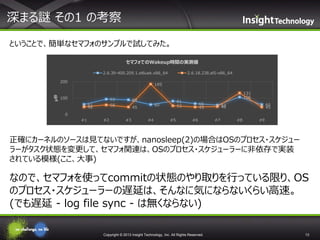 深まる謎 その1 の考察
ということで、簡単なセマフォのサンプルで試してみた。
セマフォでのWakeup時間の実測値
2.6.39-400.209.1.el6uek.x86_64

μ秒

200

2.6.18.238.el5-x86_64

185

100

93
58

61
46

89

81
53

60

45

131
106
66
45

60
45

57
48

0
#1

#2

#3

#4

#5

#6

#7

#8

#9

正確にカーネルのソースは見てないですが、nanosleep(2)の場合はOSのプロセス・スケジュー
ラーがタスク状態を変更して、セマフォ関連は、OSのプロセス・スケジューラーに非依存で実装
されている模様(ここ、大事)

なので、セマフォを使ってcommitの状態のやり取りを行っている限り、OS
のプロセス・スケジューラーの遅延は、そんなに気にならないくらい高速。
(でも遅延 - log file sync - は無くならない)
Copyright © 2013 Insight Technology, Inc. All Rights Reserved.

13

 