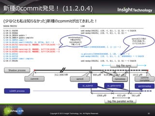 新種のcommit発見！ (11.2.0.4)
(少なくとも私は知らなかった)新種のcommitが出てきました！
SHADOW PROCESS
LGWR
------------------------------------------------------------------------------ -----------------------------------------------------------------12:04:11.936399
semtimedop(1802252, {{18, -1, 0}}, 1, {3, 0}) = -1 EAGAIN
12:04:14.940066
semtimedop(1802252, {{18, -1, 0}}, 1, {3, 0}) =
12:04:16.385834 update !
semtimedop(2)
12:04:16.388814 update complete
semctl(2)で他の
で眠るかわりに
12:04:16.388954 commit !
プロセスを起こす。
nanosleep(2)
12:04:16.601262 semctl(1802252, 18, SETVAL, 0x1) = 0
ということはしない
で眠っている
12:04:16.601762 nanosleep({0, 466000}, 0x7fff24c2dc80) = 0
12:04:16.602330
io_submit(140400303636480, 2, {{…}}) = 2
12:04:16.602380 nanosleep({0, 466000}, 0x7fff24c2dc80) = 0
12:04:16.602995 nanosleep({0, 466000}, 0x7fff24c2dc80) = 0
12:04:16.603163
io_getevents(140400303636480, 2, 128,…,{0,0}) = 2
12:04:16.603724
semtimedop(1802252, {{18, -1, 0}}, 1, {1, 340000000}) = -1 EAGAIN
12:04:16.604007 commit complete
12:04:17.945345
semtimedop(1802252, {{18, -1, 0}}, 1, {3, 0}) = -1 EAGAIN

log file sync
Shadow process
312.308ミリ秒
commit

500 μ秒

618 μ秒

semctl

615 μ秒
nanosleep

1012 μ秒
commit
complete

io_getevents

io_submit

semtimedop

LGWR process
1068 μ秒

833 μ秒

561 μ秒

log file parallel write

Copyright © 2013 Insight Technology, Inc. All Rights Reserved.

20

 