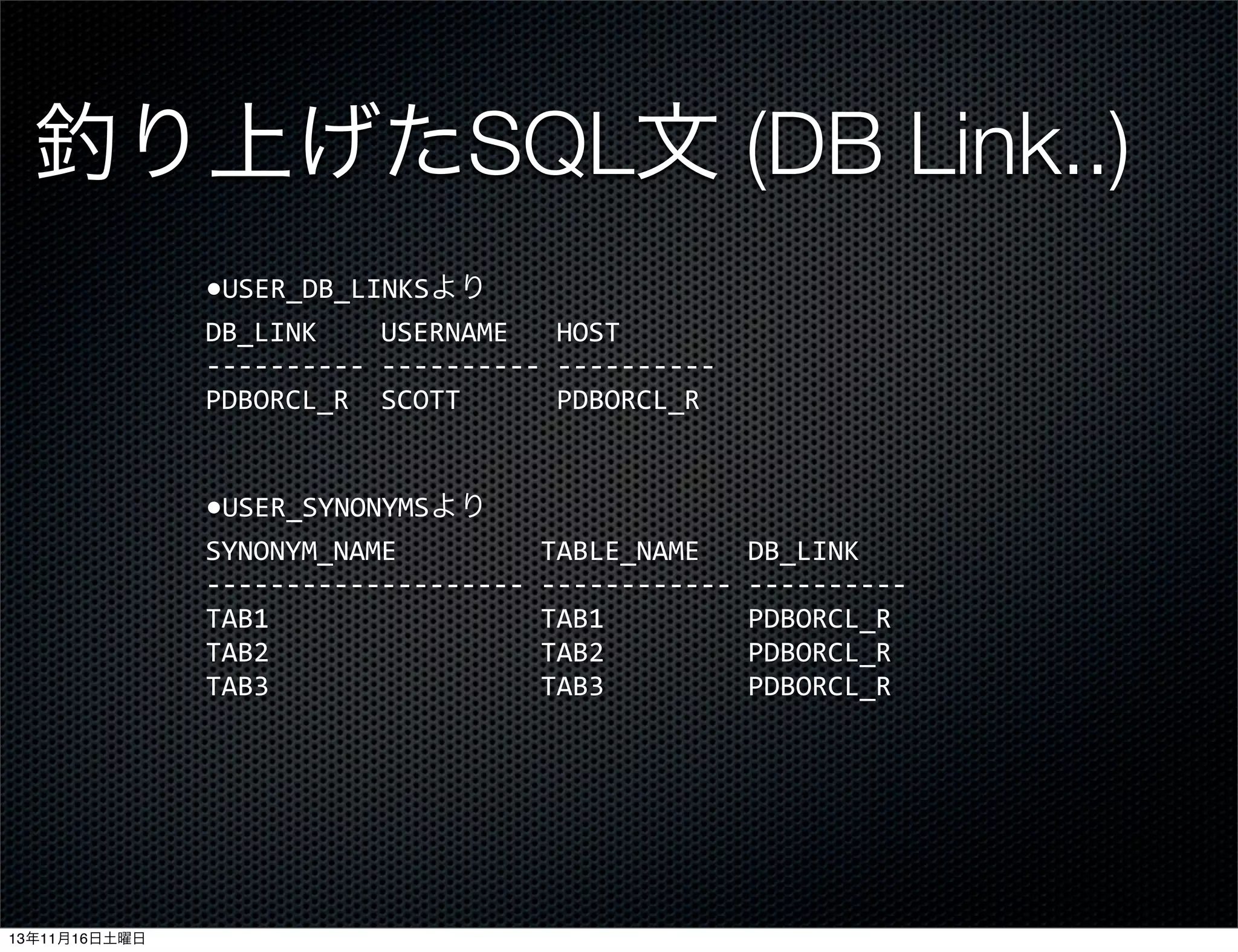 釣り上げたSQL文 (DB Link..)
●USER_DB_LINKSより
DB_LINK	
  	
  	
  	
  USERNAME	
  	
  	
  HOST
-­‐-­‐-­‐-­‐-­‐-­‐-­‐-­‐-­‐-­‐	
  -­‐-­‐-­‐-­‐-­‐-­‐-­‐-­‐-­‐-­‐	
  -­‐-­‐-­‐-­‐-­‐-­‐-­‐-­‐-­‐-­‐
PDBORCL_R	
  	
  SCOTT	
  	
  	
  	
  	
  	
  PDBORCL_R
●USER_SYNONYMSより
SYNONYM_NAME	
  	
  	
  	
  	
  	
  	
  	
  	
  TABLE_NAME	
  	
  	
  DB_LINK
-­‐-­‐-­‐-­‐-­‐-­‐-­‐-­‐-­‐-­‐-­‐-­‐-­‐-­‐-­‐-­‐-­‐-­‐-­‐-­‐	
  -­‐-­‐-­‐-­‐-­‐-­‐-­‐-­‐-­‐-­‐-­‐-­‐	
  -­‐-­‐-­‐-­‐-­‐-­‐-­‐-­‐-­‐-­‐
TAB1	
  	
  	
  	
  	
  	
  	
  	
  	
  	
  	
  	
  	
  	
  	
  	
  	
  TAB1	
  	
  	
  	
  	
  	
  	
  	
  	
  PDBORCL_R
TAB2	
  	
  	
  	
  	
  	
  	
  	
  	
  	
  	
  	
  	
  	
  	
  	
  	
  TAB2	
  	
  	
  	
  	
  	
  	
  	
  	
  PDBORCL_R
TAB3	
  	
  	
  	
  	
  	
  	
  	
  	
  	
  	
  	
  	
  	
  	
  	
  	
  TAB3	
  	
  	
  	
  	
  	
  	
  	
  	
  PDBORCL_R

13年11月16日土曜日

 