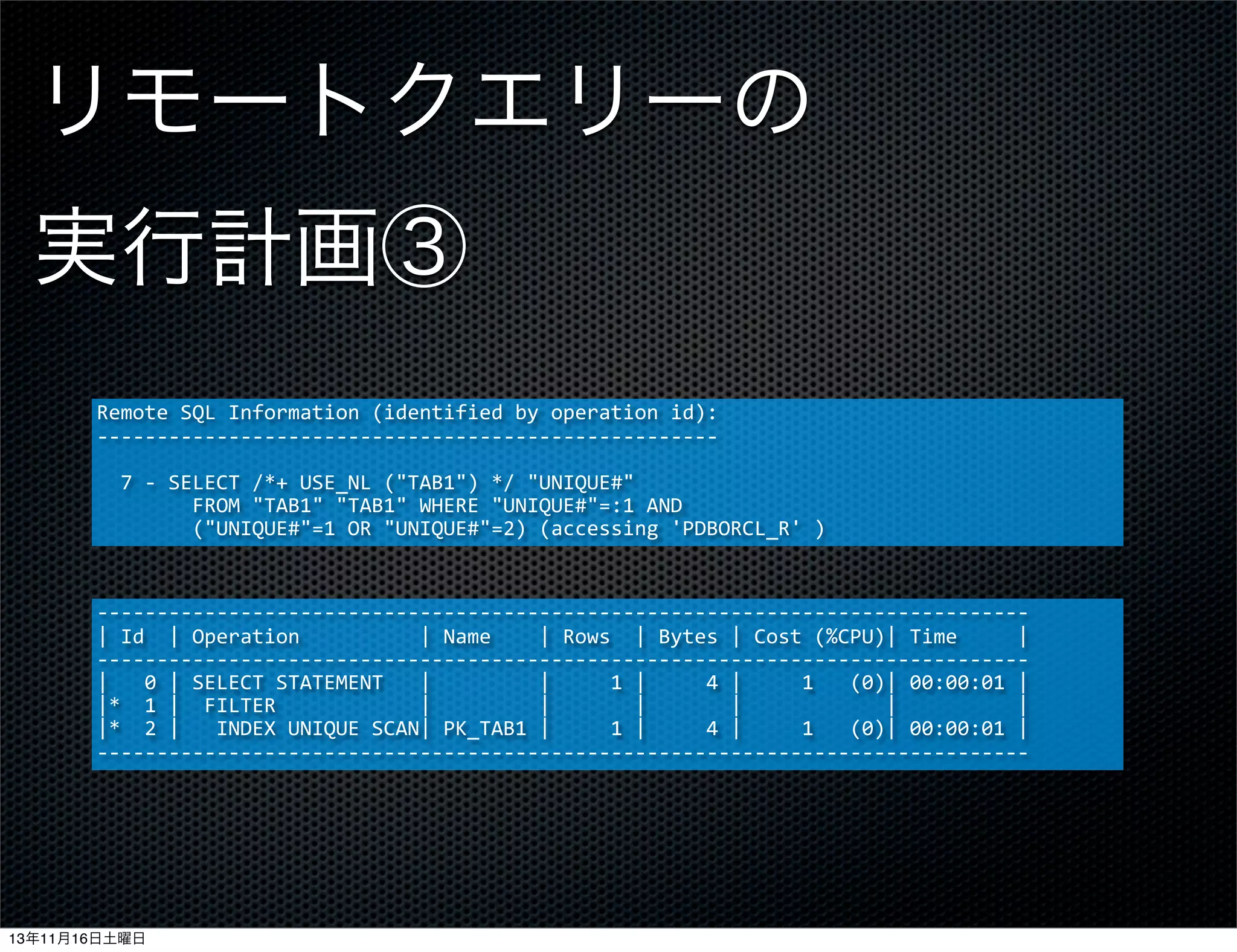 リモートクエリーの
実行計画③
Remote	
  SQL	
  Information	
  (identified	
  by	
  operation	
  id):
-­‐-­‐-­‐-­‐-­‐-­‐-­‐-­‐-­‐-­‐-­‐-­‐-­‐-­‐-­‐-­‐-­‐-­‐-­‐-­‐-­‐-­‐-­‐-­‐-­‐-­‐-­‐-­‐-­‐-­‐-­‐-­‐-­‐-­‐-­‐-­‐-­‐-­‐-­‐-­‐-­‐-­‐-­‐-­‐-­‐-­‐-­‐-­‐-­‐-­‐-­‐-­‐
	
  	
  7	
  -­‐	
  SELECT	
  /*+	
  USE_NL	
  ("TAB1")	
  */	
  "UNIQUE#"	
  
	
  	
  	
  	
  	
  	
  	
  	
  FROM	
  "TAB1"	
  "TAB1"	
  WHERE	
  "UNIQUE#"=:1	
  AND
	
  	
  	
  	
  	
  	
  	
  	
  ("UNIQUE#"=1	
  OR	
  "UNIQUE#"=2)	
  (accessing	
  'PDBORCL_R'	
  )

-­‐-­‐-­‐-­‐-­‐-­‐-­‐-­‐-­‐-­‐-­‐-­‐-­‐-­‐-­‐-­‐-­‐-­‐-­‐-­‐-­‐-­‐-­‐-­‐-­‐-­‐-­‐-­‐-­‐-­‐-­‐-­‐-­‐-­‐-­‐-­‐-­‐-­‐-­‐-­‐-­‐-­‐-­‐-­‐-­‐-­‐-­‐-­‐-­‐-­‐-­‐-­‐-­‐-­‐-­‐-­‐-­‐-­‐-­‐-­‐-­‐-­‐-­‐-­‐-­‐-­‐-­‐-­‐-­‐-­‐-­‐-­‐-­‐-­‐-­‐-­‐-­‐-­‐
|	
  Id	
  	
  |	
  Operation	
  	
  	
  	
  	
  	
  	
  	
  	
  	
  |	
  Name	
  	
  	
  	
  |	
  Rows	
  	
  |	
  Bytes	
  |	
  Cost	
  (%CPU)|	
  Time	
  	
  	
  	
  	
  |
-­‐-­‐-­‐-­‐-­‐-­‐-­‐-­‐-­‐-­‐-­‐-­‐-­‐-­‐-­‐-­‐-­‐-­‐-­‐-­‐-­‐-­‐-­‐-­‐-­‐-­‐-­‐-­‐-­‐-­‐-­‐-­‐-­‐-­‐-­‐-­‐-­‐-­‐-­‐-­‐-­‐-­‐-­‐-­‐-­‐-­‐-­‐-­‐-­‐-­‐-­‐-­‐-­‐-­‐-­‐-­‐-­‐-­‐-­‐-­‐-­‐-­‐-­‐-­‐-­‐-­‐-­‐-­‐-­‐-­‐-­‐-­‐-­‐-­‐-­‐-­‐-­‐-­‐
|	
  	
  	
  0	
  |	
  SELECT	
  STATEMENT	
  	
  	
  |	
  	
  	
  	
  	
  	
  	
  	
  	
  |	
  	
  	
  	
  	
  1	
  |	
  	
  	
  	
  	
  4	
  |	
  	
  	
  	
  	
  1	
  	
  	
  (0)|	
  00:00:01	
  |
|*	
  	
  1	
  |	
  	
  FILTER	
  	
  	
  	
  	
  	
  	
  	
  	
  	
  	
  	
  |	
  	
  	
  	
  	
  	
  	
  	
  	
  |	
  	
  	
  	
  	
  	
  	
  |	
  	
  	
  	
  	
  	
  	
  |	
  	
  	
  	
  	
  	
  	
  	
  	
  	
  	
  	
  |	
  	
  	
  	
  	
  	
  	
  	
  	
  	
  |
|*	
  	
  2	
  |	
  	
  	
  INDEX	
  UNIQUE	
  SCAN|	
  PK_TAB1	
  |	
  	
  	
  	
  	
  1	
  |	
  	
  	
  	
  	
  4	
  |	
  	
  	
  	
  	
  1	
  	
  	
  (0)|	
  00:00:01	
  |
-­‐-­‐-­‐-­‐-­‐-­‐-­‐-­‐-­‐-­‐-­‐-­‐-­‐-­‐-­‐-­‐-­‐-­‐-­‐-­‐-­‐-­‐-­‐-­‐-­‐-­‐-­‐-­‐-­‐-­‐-­‐-­‐-­‐-­‐-­‐-­‐-­‐-­‐-­‐-­‐-­‐-­‐-­‐-­‐-­‐-­‐-­‐-­‐-­‐-­‐-­‐-­‐-­‐-­‐-­‐-­‐-­‐-­‐-­‐-­‐-­‐-­‐-­‐-­‐-­‐-­‐-­‐-­‐-­‐-­‐-­‐-­‐-­‐-­‐-­‐-­‐-­‐-­‐

13年11月16日土曜日

 