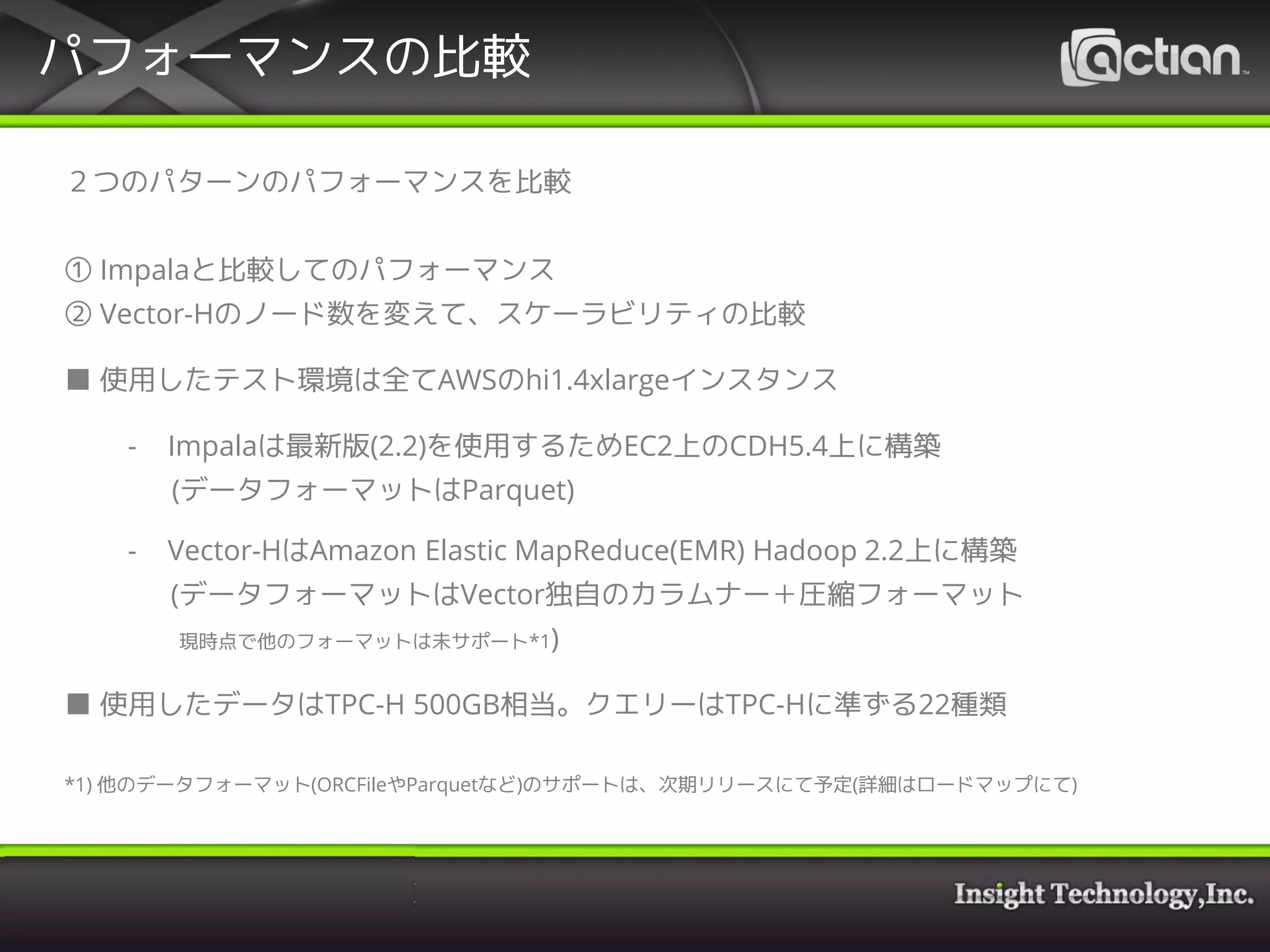 パフォーマンスの比較
２つのパターンのパフォーマンスを比較
① Impalaと比較してのパフォーマンス
② Vector-Hのノード数を変えて、スケーラビリティの比較
■ 使用したテスト環境は全てAWSのhi1.4xlargeインスタンス
- Impalaは最新版(2.2)を使用するためEC2上のCDH5.4上に構築
(データフォーマットはParquet)
- Vector-HはAmazon Elastic MapReduce(EMR) Hadoop 2.2上に構築
(データフォーマットはVector独自のカラムナー＋圧縮フォーマット
現時点で他のフォーマットは未サポート*1)
■ 使用したデータはTPC-H 500GB相当。クエリーはTPC-Hに準ずる22種類
*1) 他のデータフォーマット(ORCFileやParquetなど)のサポートは、次期リリースにて予定(詳細はロードマップにて)
 