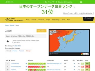 日本のオープンデータ世界ランク：
31位
22（一社）リンクデータ Sayoko Shimoyama
http://index.okfn.org/place/japan/
2015/11/11
 