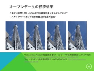 オープンデータの経済効果
日本では年間1,800〜3,500億円の経済効果が見込まれている*1
→スカイツリー4本分の総事業費と同程度の規模*2
36
*1) Innovation Nippon 研究会報告書「オープンデータの経済効果推計」, 2013 年12月,
http://innovation-nippon.jp/reports/2013StudyReport_OpenData.pdf
*2) オープンデータの経済効果推計 - INFOGRAPHICS, http://www.innovation-
nippon.jp/?p=308
 