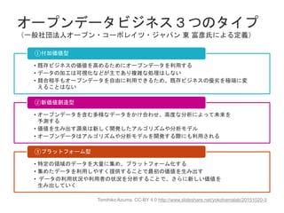 オープンデータビジネス３つのタイプ
（一般社団法人オープン・コーポレイツ・ジャパン 東 富彦氏による定義）
• 既存ビジネスの価値を高めるためにオープンデータを利用する
• データの加工は可視化などが主であり複雑な処理はしない
• 競合相手もオープンデータを自由に利用できるため、既存ビジネスの優劣を極端に変
えることはない
①付加価値型
• オープンデータを含む多様なデータをかけ合わせ、高度な分析によって未来を
予測する
• 価値を生み出す源泉は新しく開発したアルゴリズムや分析モデル
• オープンデータはアルゴリズムや分析モデルを開発する際にも利用される
②新価値創造型
• 特定の領域のデータを大量に集め、プラットフォーム化する
• 集めたデータを利用しやすく提供することで最初の価値を生み出す
• データの利用状況や利用者の状況を分析することで、さらに新しい価値を
生み出していく
③プラットフォーム型
37
Tomihiko Azuma, CC-BY 4.0 http://www.slideshare.net/yokohamalab/20151020-3
 