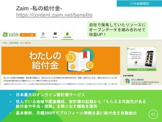 Zaim -私の給付金-
https://content.zaim.net/benefits
• 日本最大のオンライン家計簿サービス
• 住んでいる地域や家族構成、家計簿の記録から「もらえる可能性がある
給付金や手当・控除」を割り出す機能を提供
• 基本無料、月額300円でプロフィール情報を基に給付金を自動抽出 41
①付加価値型
自社で保有していたリソースに
オープンデータを組み合わせて
収益UP！
 
