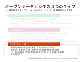 オープンデータビジネス３つのタイプ
（一般社団法人オープン・コーポレイツ・ジャパン 東 富彦氏による定義）
• 既存ビジネスの価値を高めるためにオープンデータを利用する
• データの加工は可視化などが主であり複雑な処理はしない
• 競合相手もオープンデータを自由に利用できるため、既存ビジネスの優劣を極端に変
えることはない
①付加価値型
• オープンデータを含む多様なデータをかけ合わせ、高度な分析によって未来を
予測する
• 価値を生み出す源泉は新しく開発したアルゴリズムや分析モデル
• オープンデータはアルゴリズムや分析モデルを開発する際にも利用される
②新価値創造型
• 特定の領域のデータを大量に集め、プラットフォーム化する
• 集めたデータを利用しやすく提供することで最初の価値を生み出す
• データの利用状況や利用者の状況を分析することで、さらに新しい価値を
生み出していく
③プラットフォーム型
46
Tomihiko Azuma, CC-BY 4.0 http://www.slideshare.net/yokohamalab/20151020-3
 