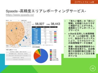 Spaada -高精度エリアレポーティングサービス-
https://www.spaada.co/
• 「見たい場所」の「見たい
情報」を即座にわかりやす
く確認することができる、
高精度エリアレポーティン
グサービス
• e-Statを活用した地理情報
データ（人口統計等）を用
いて、独自のアルゴリズム
により、ミクロなスケール
の地理情報データを推定
• 医療・福祉施設関係者や小
売業の担当者から、出店戦
略や中長期計画の立案にも
活用できるとして注目を集
めている
49
③プラットフォーム型
 