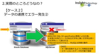 2.実際のところどうなの？
【ケース２】
データの連携でエラー発生②
キー値
I000001
キー値
I000001
I000001△△
Oracle Database SQLServer
INSERT I000001△△ 一意制約エラー
【原因】
ANSI/ISO SQL-92 specification準拠による仕様。
※末尾の半角スペースがある文字列と無い文字列は同一
の文字列として扱われる
※SQLServerだけでなく、MySQLも同様の動作
【対応】
・キー値を変換するように同期設定変更
・エラーとなったデータを手動で登録
※△は半角スペース
 