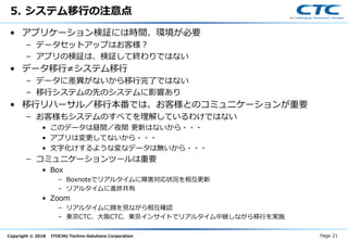 Copyright © 2018 ITOCHU Techno-Solutions Corporation
5. システム移行の注意点
• アプリケーション検証には時間、環境が必要
– データセットアップはお客様？
– アプリの検証は、検証して終わりではない
• データ移行≠システム移行
– データに差異がないから移行完了ではない
– 移行システムの先のシステムに影響あり
• 移行リハーサル／移行本番では、お客様とのコミュニケーションが重要
– お客様もシステムのすべてを理解しているわけではない
• このデータは昼間／夜間 更新はないから・・・
• アプリは変更してないから・・・
• 文字化けするような変なデータは無いから・・・
– コミュニケーションツールは重要
• Box
– Boxnoteでリアルタイムに障害対応状況を相互更新
– リアルタイムに進捗共有
• Zoom
– リアルタイムに顔を見ながら相互確認
– 東京CTC、大阪CTC、東京インサイトでリアルタイム中継しながら移行を実施
Page 21
 
