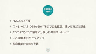 前提知識①
特徴
15
MySQL5.6互換
ストレージは10GBから64TBまで自動拡張、使った分だけ課金
3つのAZで6つの領域に分散した共有ストレージ
S3へ継続的なバックアップ
独自機能の実装も多数