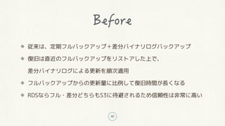 40
従来は、定期フルバックアップ+差分バイナリログバックアップ
復旧は直近のフルバックアップをリストアした上で、
差分バイナリログによる更新を順次適用
フルバックアップからの更新量に比例して復旧時間が長くなる
RDSならフル・差分どちらもS3に待避されるため信頼性は非常に高い