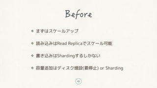 43
まずはスケールアップ
読み込みはRead Replicaでスケール可能
書き込みはShardingするしかない
容量追加はディスク増設(要停止) or Sharding
