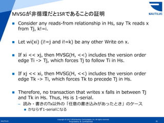 Copyright © 2017-2018 Nautilus Technologies, Inc. All rights reserved.
NAUTILUS 35Proprietary & Confidential
 Consider any reads-from relationship in Hs, say Tk reads x
from Tj, k!=i.
 Let wi(xi) (i!=j and i!=k) be any other Write on x.
 If xi << xj, then MVSG(H, <<) includes the version order
edge Ti -> Tj, which forces Tj to follow Ti in Hs.
 If xj << xi, then MVSG(H, <<) includes the version order
edge Tk -> Ti, which forces Tk to precede Tj in Hs.
 Therefore, no transaction that writes x falls in between Tj
and Tk in Hs. Thus, Hs is 1-serial.
– 読み・書きのTx以外の「任意の書き込みがあったとき」のケース
 かならず1-serialになる
MVSGが非循環だと1SRであることの証明
 