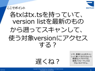 Copyright © 2017-2018 Nautilus Technologies, Inc. All rights reserved.
NAUTILUS 46Proprietary & Confidential
各txはtx.tsを持っていて、
version listを最新のもの
から遡ってスキャンして、
使う対象versionにアクセス
する？
遅くね？
ここでポイント
いや、普通にL2L3のキャッ
シュに乗ってるだろうという
軟弱ないいわけでは、
結局パフォーマンスは
でないわけですよ。
 