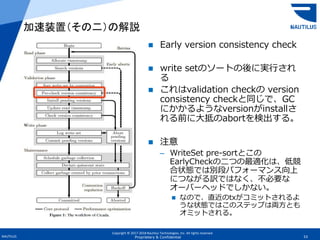 Copyright © 2017-2018 Nautilus Technologies, Inc. All rights reserved.
NAUTILUS 53Proprietary & Confidential
 Early version consistency check
 write setのソートの後に実行され
る
 これはvalidation checkの version
consistency checkと同じで、GC
にかかるようなversionがinstallさ
れる前に大抵のabortを検出する。
 注意
– WriteSet pre-sortとこの
EarlyCheckの二つの最適化は、低競
合状態では別段パフォーマンス向上
につながる訳ではなく、不必要な
オーバーヘッドでしかない。
 なので、直近のtxがコミットされるよ
うな状態ではこのステップは両方とも
オミットされる。
加速装置（その二）の解説
 