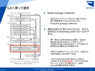 Copyright © 2017-2018 Nautilus Technologies, Inc. All rights reserved.
NAUTILUS 63Proprietary & Confidential
 Rapid Garbage Collection
– GCはフットプリントを小さく保つために、
割と回数多めでconcurrentに行う
– Frequent garbage collection
 通常のDBでは 数十msで行うが、それで
はMVCCではworking setがでかくなりす
ぎる。
– 例）80ms (Siloは40ms [EBR : Epoch
Based Reclaimation] )でGCとして、
YCSBのwrite-intesiveなケースでtxあたり
800byteの書き込みを想定する。
– TPSで3.5Mのパフォーマンスで、txあたり
1KBのstale recordができる。
– これでworking setは 80ms x 1KB x
3.5M/s だと凡そ280MB。これではCPUの
キャッシュサイズに乗らない。stale
recordが場所を取りすぎる。
もとに戻って続き
 