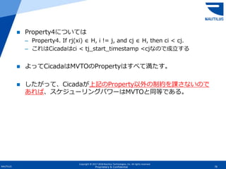 Copyright © 2017-2018 Nautilus Technologies, Inc. All rights reserved.
NAUTILUS 78Proprietary & Confidential
 Property4については
– Property4. If rj(xi) ∈ H, i != j, and cj ∈ H, then ci < cj.
– これはCicadaはci < tj_start_timestamp <cjなので成立する
 よってCicadaはMVTOのPropertyはすべて満たす。
 したがって、Cicadaが上記のProperty以外の制約を課さないので
あれば、スケジューリングパワーはMVTOと同等である。
 