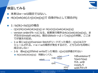 Copyright © 2017-2018 Nautilus Technologies, Inc. All rights reserved.
NAUTILUS 81Proprietary & Confidential
 本来はw—wは競合ではない。
 rk(xi)wk(xk)とrj(xi)wj(xj)で 自身がtkとして競合がtj
 1: ts(tk)<ts(tj)の場合
– rj(xi)rk(xi)wk(xk)wj(xj) or rk(xi)rj(xi)wk(xk)wj(xj)
– version orderがk->jになる。結果実行順序はrk(xi)wk(xk)wj(xj)。ま
ず自分はinstall:wk(xk)。競合はblock->よってwj(xj)の判断。ここま
でが論文の記述。
– 1-a 仮にwj(xj)のversion fetchがリードだった場合：rj(xi)はスケ
ジュールされる。r-w r-wの順序が発生するので、どちらのrも同時に
成立はしない
– 1-b 仮wj(xj)がblind writeだった場合: rj(xi)は評価されない
 rk(xi)wk(xk)wj(xj) 問題なくパス。
検証してみる
w0(x0)
ri(x0)
rj(x0)
wi(xi)：
install
wj(xj)：
block
Tiのvalidationで
Ts(wi)<Ts(wj)
だと、wiは
installして
wｊはブロック
 