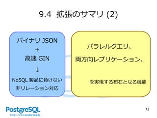 12
9.4 拡張のサマリ (2)
バイナリ JSON
+
高速 GIN
↓
NoSQL 製品に負けない
非リレーション対応
パラレルクエリ、
両方向レプリケーション、
を実現する布石となる機能
 