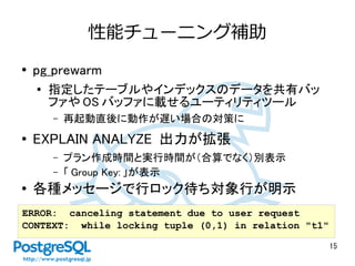 15
性能チューニング補助
● pg_prewarm
●
指定したテーブルやインデックスのデータを共有バッ
ファや OS バッファに載せるユーティリティツール
– 再起動直後に動作が遅い場合の対策に
●
EXPLAIN ANALYZE 出力が拡張
– プラン作成時間と実行時間が（合算でなく）別表示
– 「 Group Key: 」が表示
● 各種メッセージで行ロック待ち対象行が明示
ERROR: canceling statement due to user request
CONTEXT: while locking tuple (0,1) in relation "t1"
 