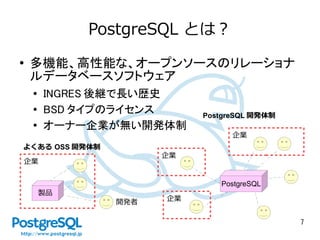 7
PostgreSQL とは？
● 多機能、高性能な、オープンソースのリレーショナ
ルデータベースソフトウェア
● INGRES 後継で長い歴史
● BSD タイプのライセンス
●
オーナー企業が無い開発体制
企業
製品
よくある OSS 開発体制
開発者
PostgreSQL
企業
企業
企業
PostgreSQL 開発体制
○
 