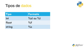 Tipos de dados
28
Tipo Formato
int %d ou %i
float %f
string %s
 