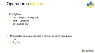 Operadores lógicos
46
▪ Em Python
▪ not - Lógico de negação
▪ and - Lógica E
▪ or - Lógica OU
▪ Prioridades da esquerda para a direita, de cima para baixo
▪ não
▪ E , Ou
 
