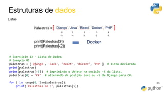 Estruturas de dados
85
Listas
# Exercício 13 - Lista de Dados
# Exemplo 01
palestras = ['Django', 'Java', 'React', 'docker', 'PHP'] # lista declarada
print(palestras)
print(palestras[-5]) # imprimindo o objeto na posição -5 da lista.
palestras[0] = 'C#' # alterando da posição zero ou -5 de Django para C#.
for i in range(0, len(palestras)):
print('Palestras de :', palestras[i])
 