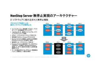 © Copyright 2014 Hewlett-Packard Development Company, L.P. The information contained herein is subject to change without notice.21
2) ソフトウェアに組み込まれた無停止機能
NonStop Server 無停止実現のアーキテクチャー
プロセスペア技術による
基本ソフトウェアの無停止化
• フェイルオーバー（再起動）ではなく、テイク
オーバー（処理継続）がコンセプト
• NonStop OS や、基幹ミドルウェアは、すべ
てプロセスペアにて実装
• 2CPUに、2プロセスがペアとして存在する
• 実稼動するのは、Primaryプロセスのみ
• Backupプロセスは継続に必要となる情報を
Primaryプロセスから定期的に受信
• 論理的には、1プロセスとして扱える
• Primaryプロセスの異常終了や、CPUダウン
が起きると、自動的にBackupがPrimaryに
昇格して、ダウン直前の状態から処理を継
続実行する
• データの整合性もトランザクション保護製品
により、自動的に一貫性を保持
CPU 0 CPU 1 CPU 2 CPU 3
PrimaryBackup
Primary Backup
Primary Backup
PrimaryBackup
Primary Backup
CPU 0 CPU 1 CPU 2 CPU 3
Primary
Primary
Primary
PrimaryBackup
Primary Backup
CPU
障害
 