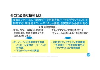 © Copyright 2014 Hewlett-Packard Development Company, L.P. The information contained herein is subject to change without notice.32
そこに必要な技術とは
• 従来、2フェーズコミット処理は
非常に重く、利用を避けるべき
技術とされてきた
複数コンポーネント間のデータ更新を単一トランザクションとして
制御する「高性能 2フェーズコミット機能」を実装する必要がある
• トランザクション管理を実行する
モジュールがボトルネックになり易い
< 技術的課題 >
• オーバーヘッドを限界まで削減
− メッセージ交換オーバーヘッド
の削減
− 下位レイヤーでの実装
• 分散型トランザクション管理機能
− 各処理ノードで並列稼働する
トランザクション管理実装
 