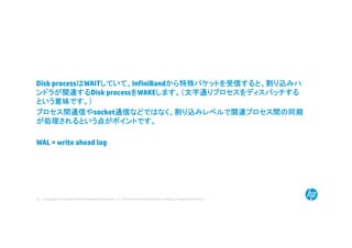 © Copyright 2014 Hewlett-Packard Development Company, L.P. The information contained herein is subject to change without notice.36
Disk processはWAITしていて、InfiniBandから特殊パケットを受信すると、割り込みハ
ンドラが関連するDisk processをWAKEします。（文字通りプロセスをディスパッチする
という意味です。）
プロセス間通信やsocket通信などではなく、割り込みレベルで関連プロセス間の同期
が処理されるという点がポイントです。
WAL = write ahead log
 